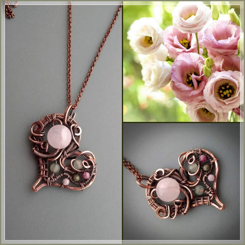 Copper heart necklace with natural rose quartz and tourmaline