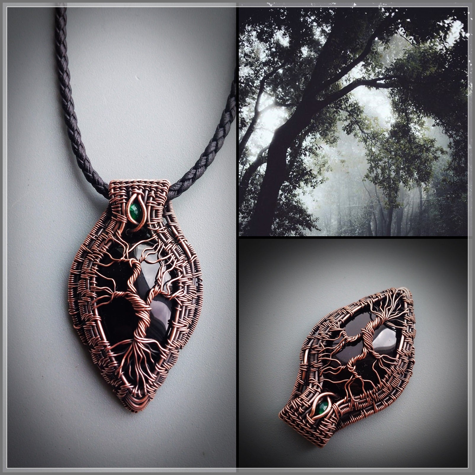 Copper tree of life necklace with black onyx crystal