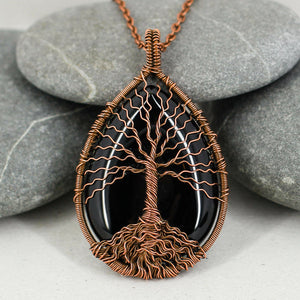 Tree of life copper necklace with natural black onyx