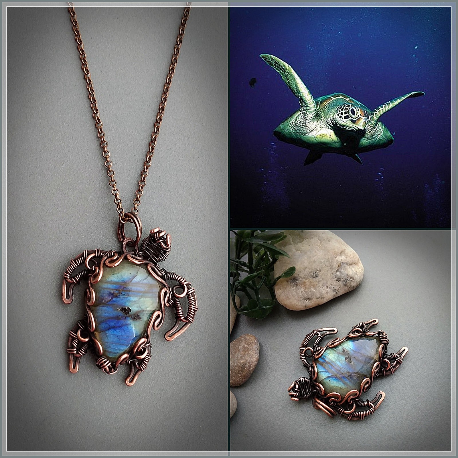 Copper turtle necklace with natural rainbow labradorite stone