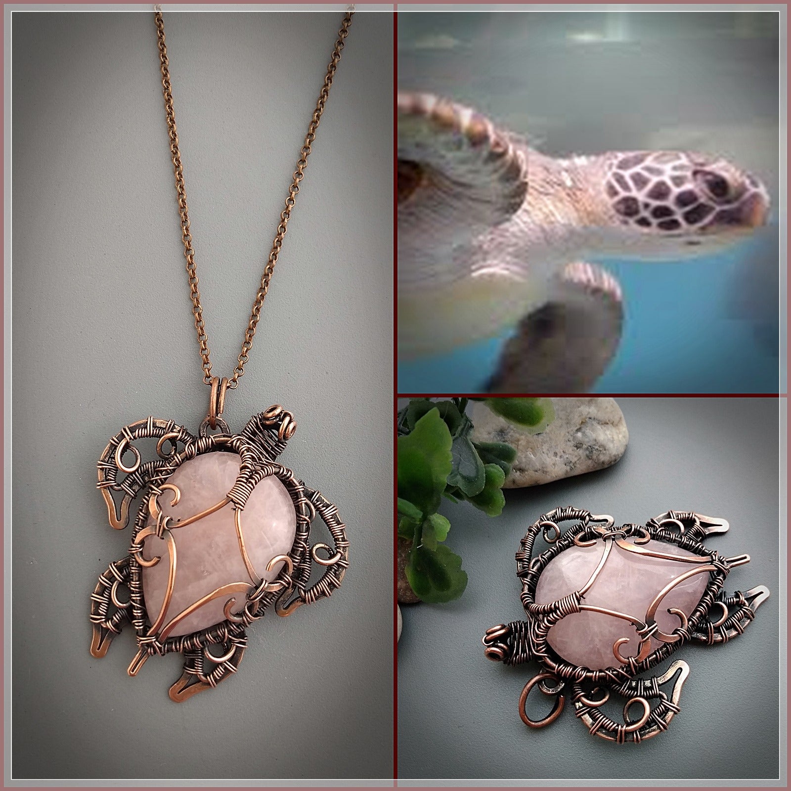 Handmade turtle necklace with natural rose quartz stone