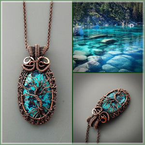 Copper tree of life necklace with natural chrysocolla malachite