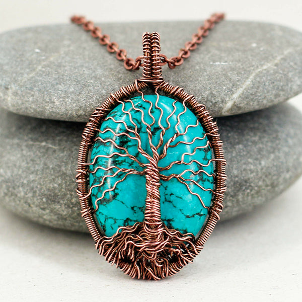 Tree of life copper necklace with natural turquoise