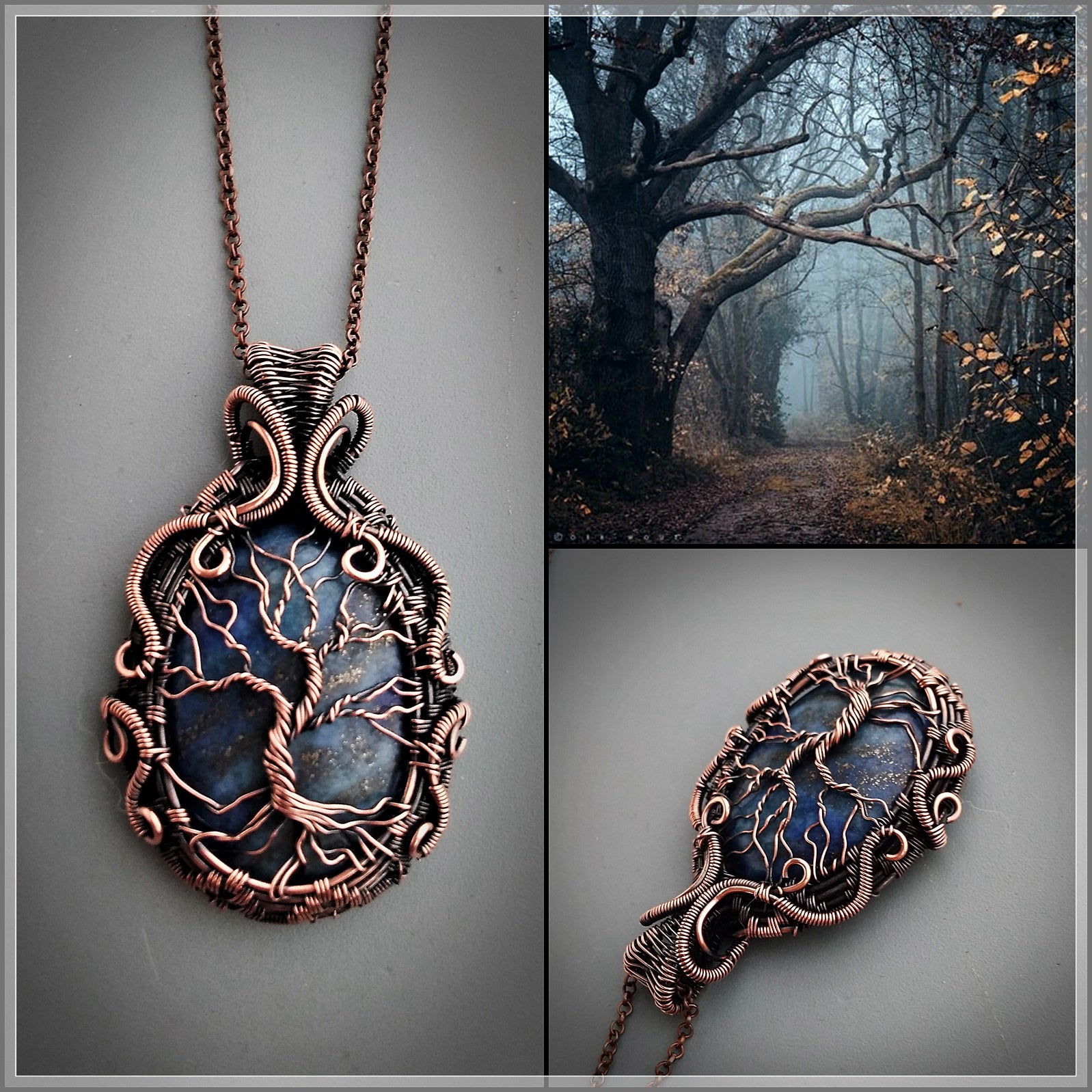 Copper tree of life pendant with natural lapis lazuli