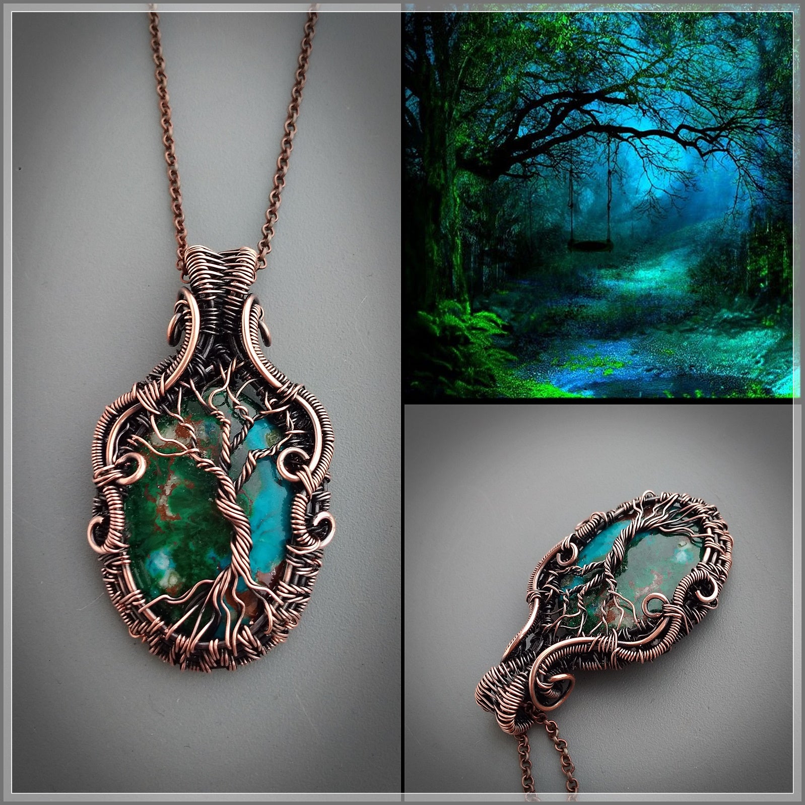 Handmade copper tree of life necklace with natural blue chrysocolla stone