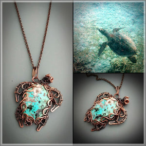 Copper turtle necklace with natural chrysocolla stone