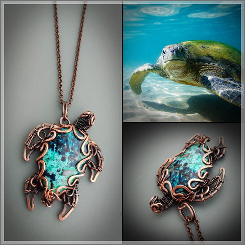 Unisex turtle necklace with natural chrysocolla stone