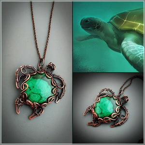 Handcrafted sea turtle necklace with natural malachite