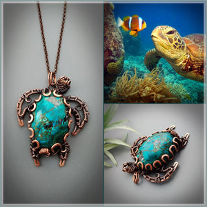 Handcrafted turtle necklace with natural chrysocolla stone