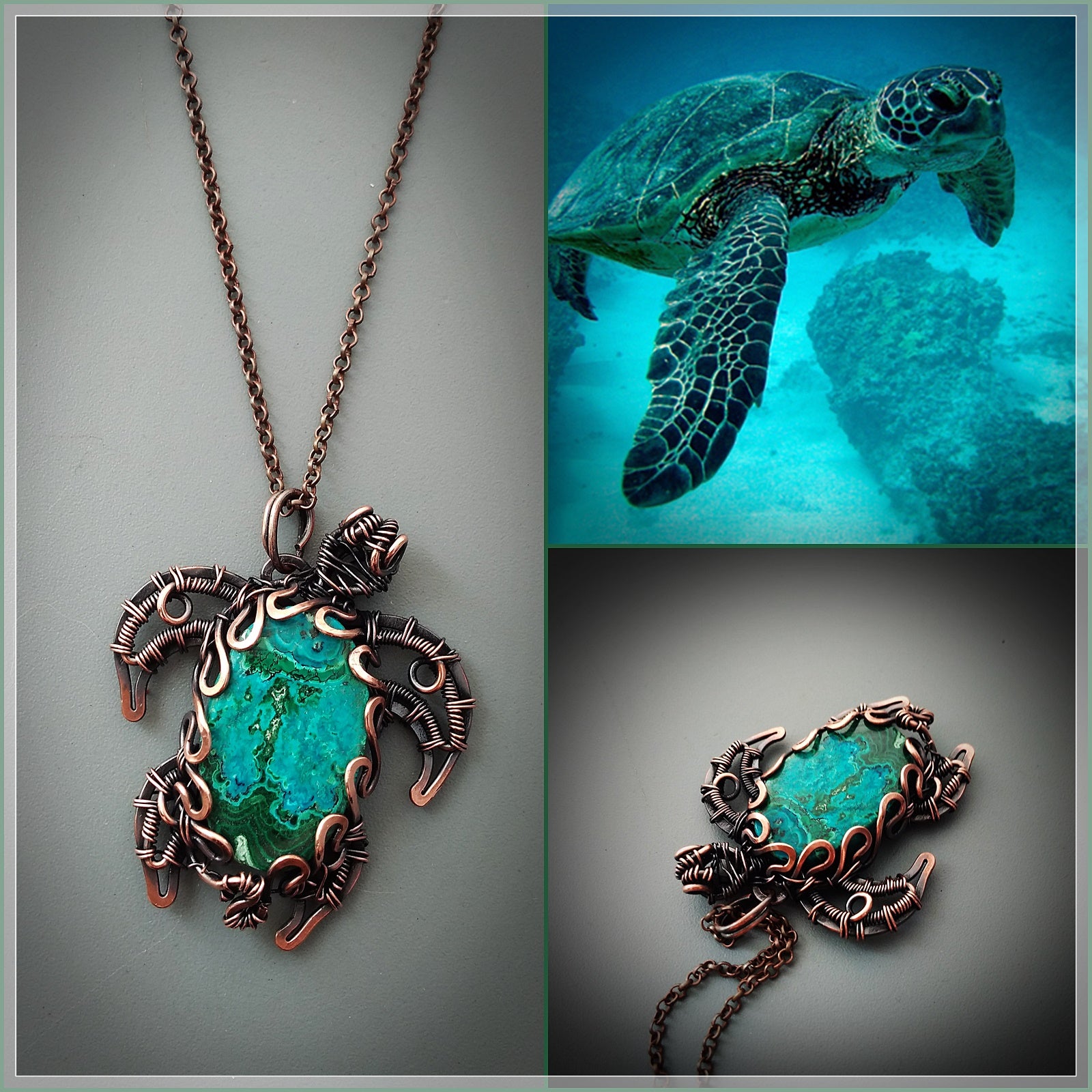Handmade turtle necklace with natural chrysocolla