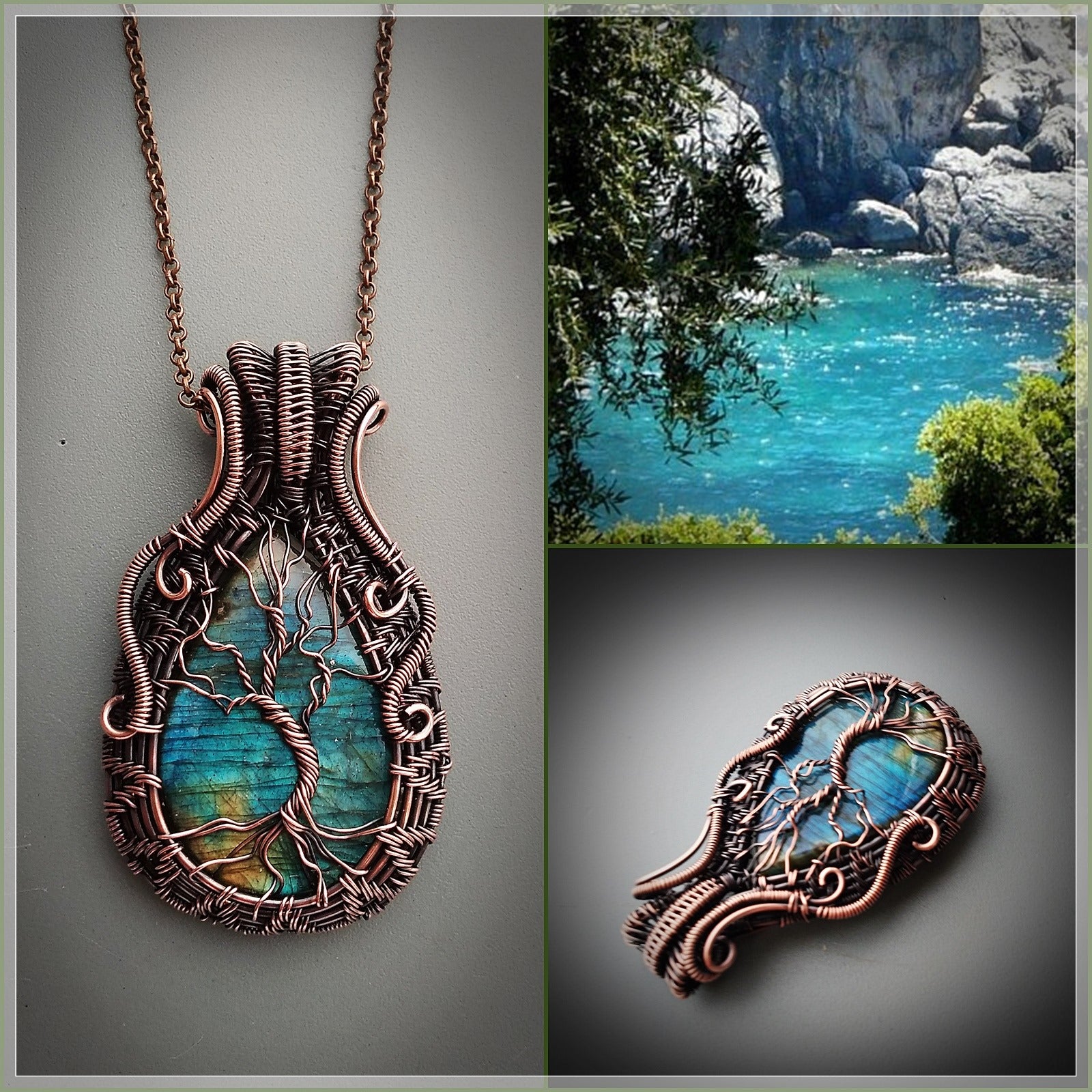 Copper tree of life pendant with natural blue labradorite