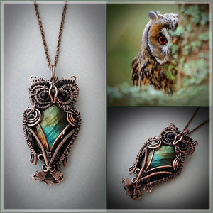 Handmade owl pendant with golden labradorite stone