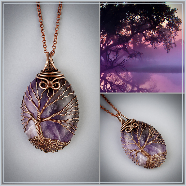 Energy Maxima - Handmade copper tree of life necklace with natural amethyst crystal