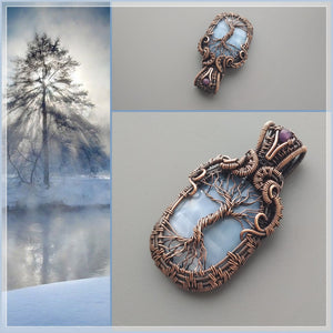 Handmade tree of life necklace with natural Owyhee blue opal stone