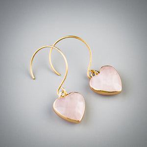 Dangle heart earrings with rose quartz crystals