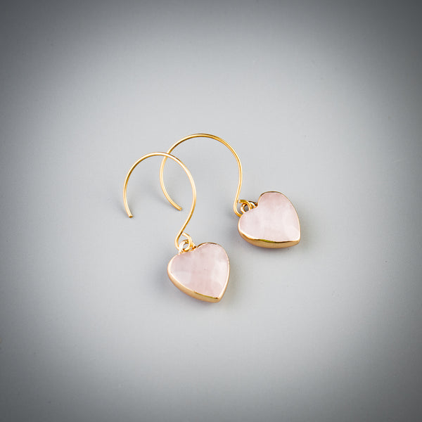 Dangle heart earrings with rose quartz crystals