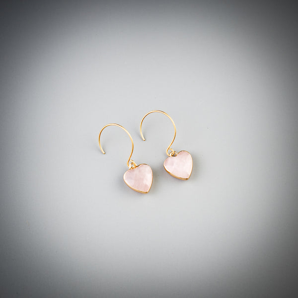 Dangle heart earrings with rose quartz crystals