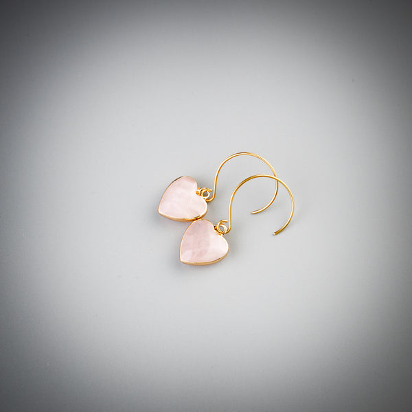 Dangle heart earrings with rose quartz crystals