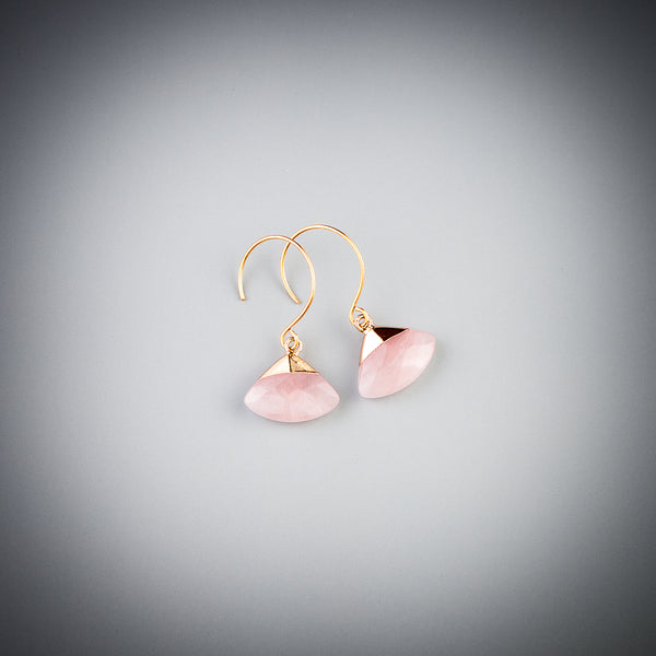 Dangle triangle earrings with rose quartz crystals