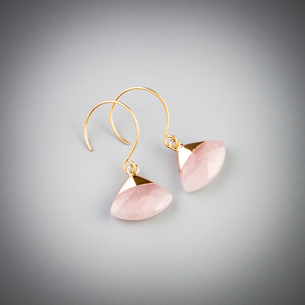 Dangle triangle earrings with rose quartz crystals