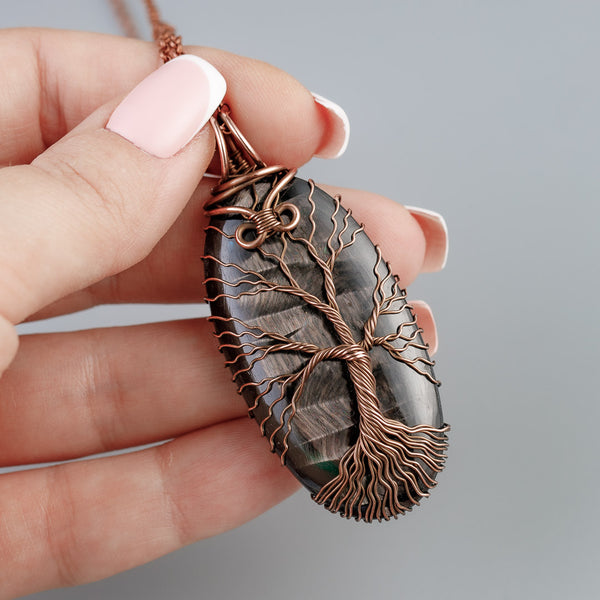 Copper tree of life amulet necklace with natural hypersthene
