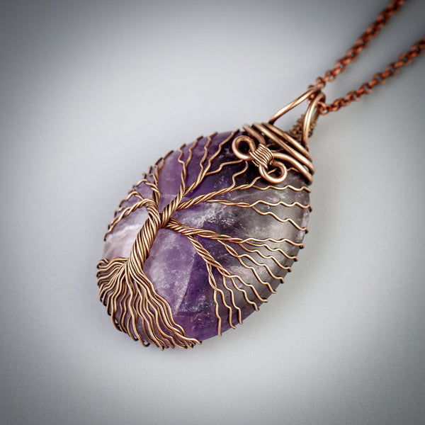 Energy Maxima - Handmade copper tree of life necklace with natural amethyst crystal