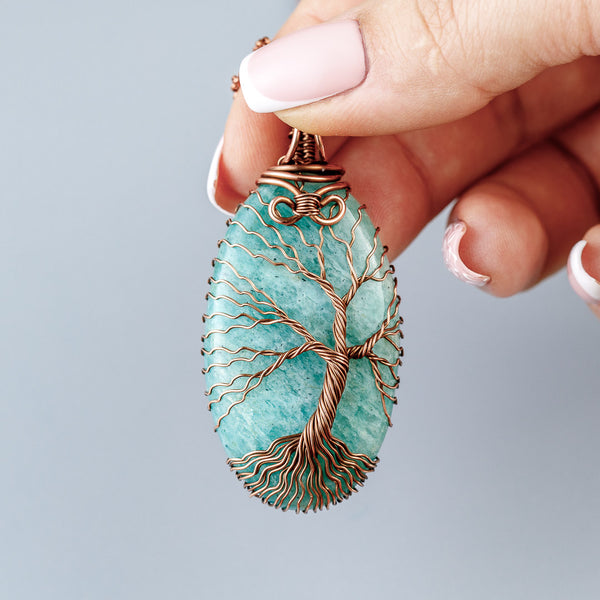 Copper tree of life amulet necklace with natural amazonite stone