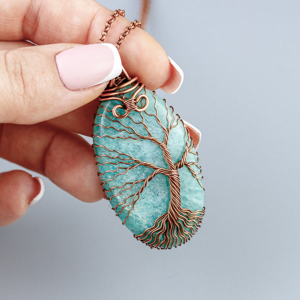 Copper tree of life amulet necklace with natural amazonite stone
