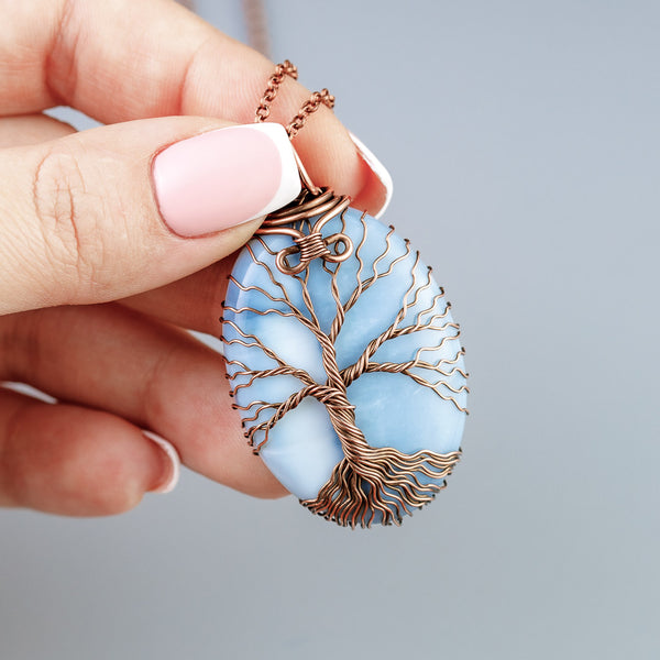 Handmade copper tree of life necklace with natural blue opal