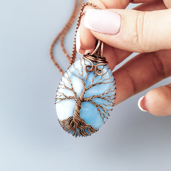 Handmade copper tree of life necklace with natural blue opal