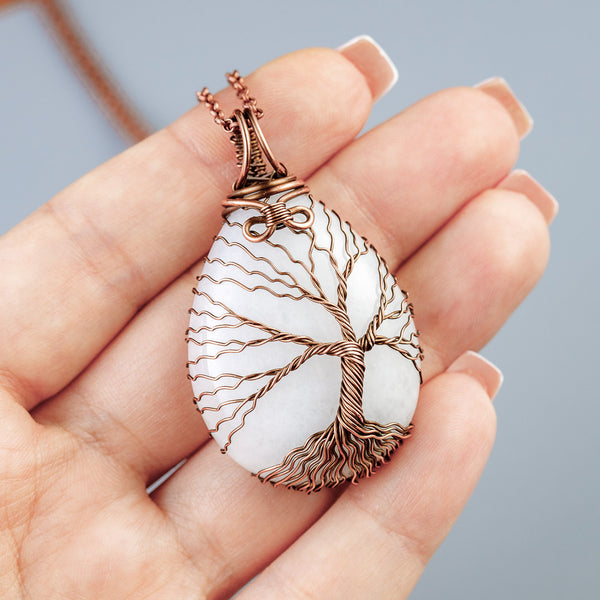 Copper tree of life necklace with natural white jade stone