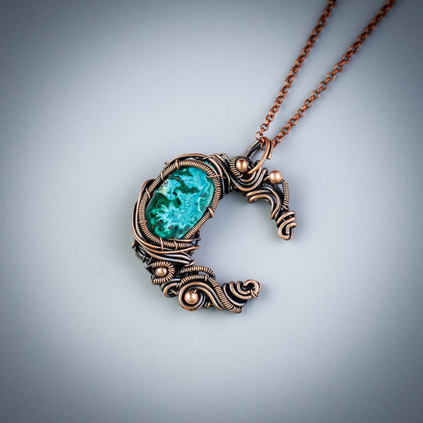 Copper crescent moon pendant with natural chrysocolla