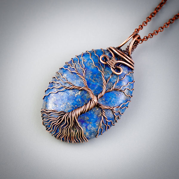 Unique copper tree of life necklace with natural lapis lazuli stone