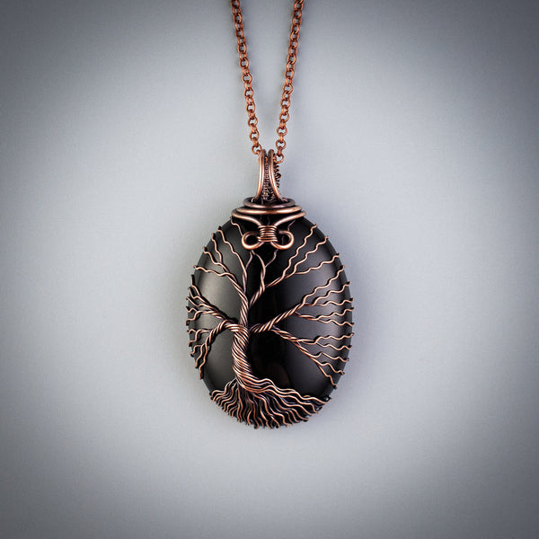 Unique tree of life necklace with natural black onyx crystal
