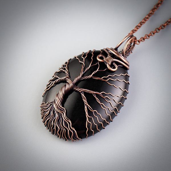 Unique tree of life necklace with natural black onyx crystal
