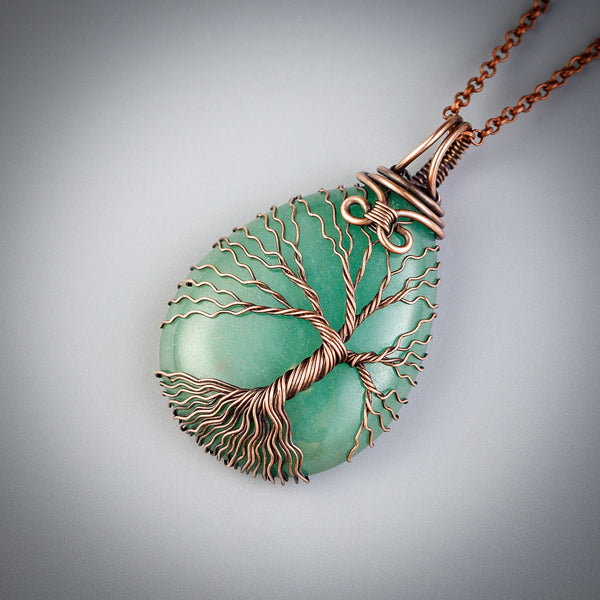 Copper tree of life necklace with natural green aventurine crystal
