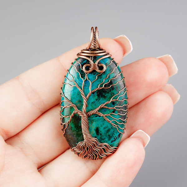 Copper tree of life pendant with natural chrysocolla malachite stone. Unique gift for men and women