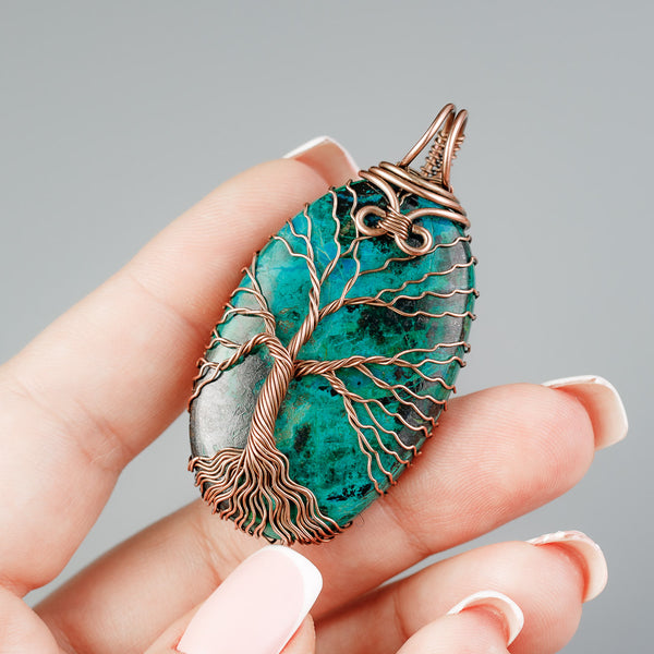 Copper tree of life pendant with natural chrysocolla malachite stone. Unique gift for men and women