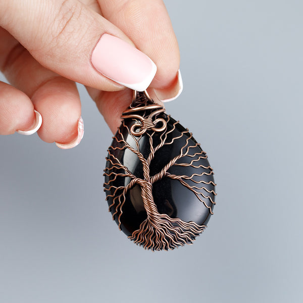 Copper tree of life necklace with natural black onyx stone