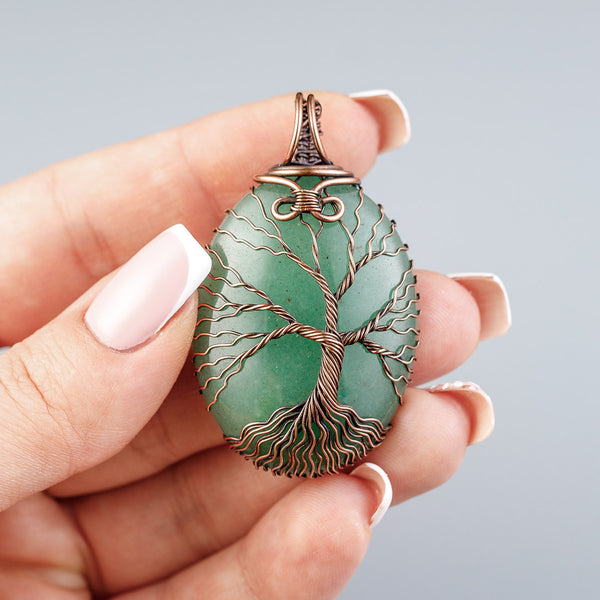 Handmade copper tree of life pendant with natural green aventurine crystal