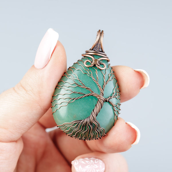 Copper tree of life necklace with natural green aventurine crystal