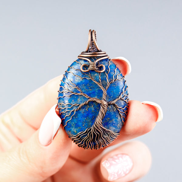 Unique copper tree of life necklace with natural lapis lazuli stone