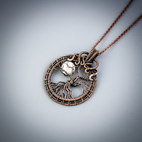 Handmade tree of life pendant with mother of pearl full moon