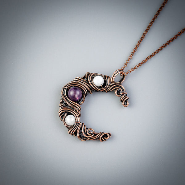 Handmade crescent moon necklace with natural amethyst and moonstone