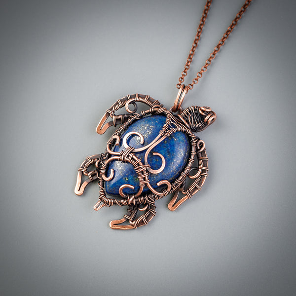 Handcrafted turtle necklace with natural blue lapis lazuli stone