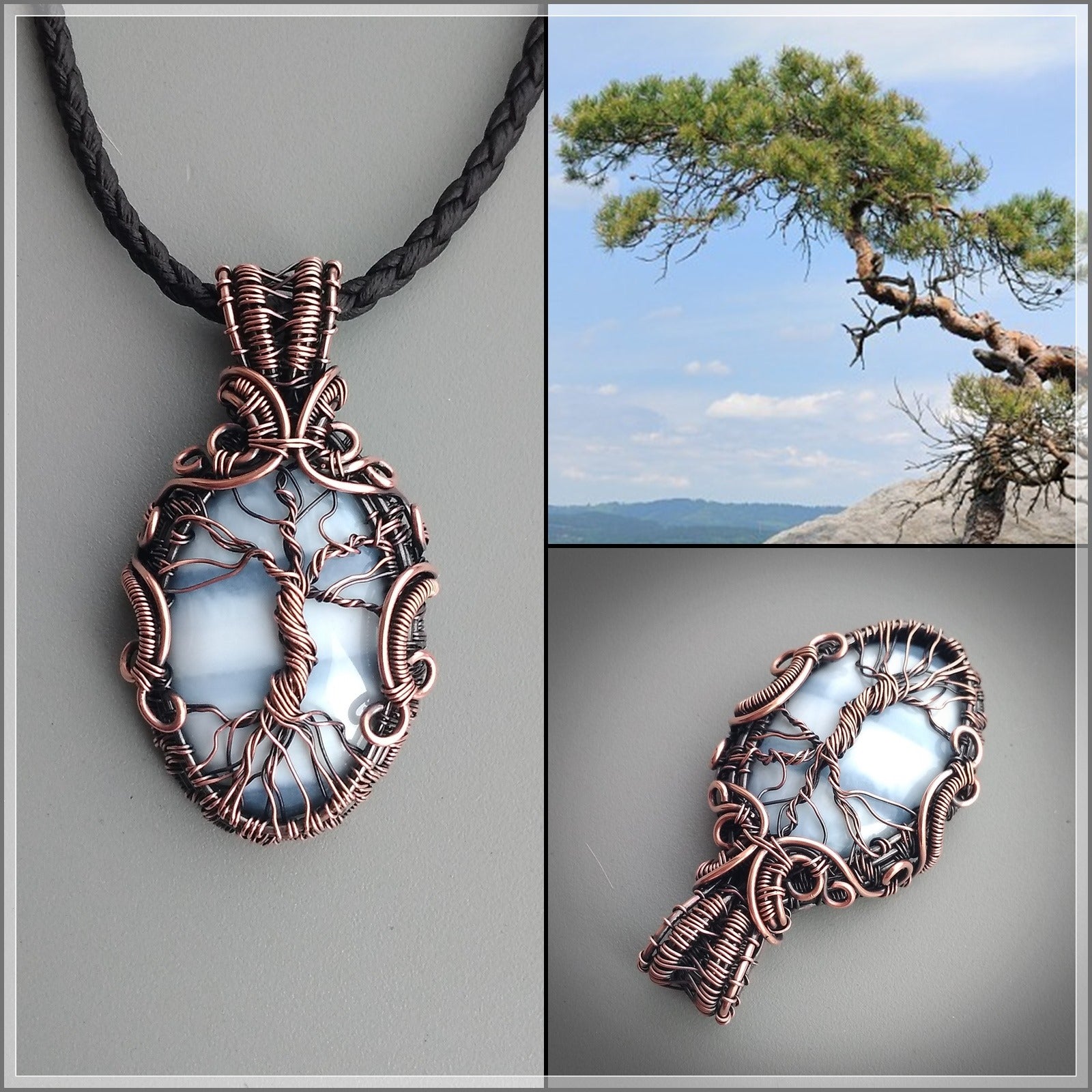 Handmade tree of life pendant with natural Owyhee blue opal