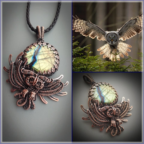 Copper statement owl necklace with labradorite full moon