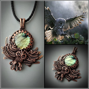 Handmade statement owl necklace with natural labradorite full moon