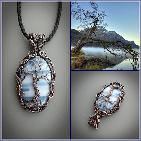 Copper tree of life necklace with natural blue opal stone