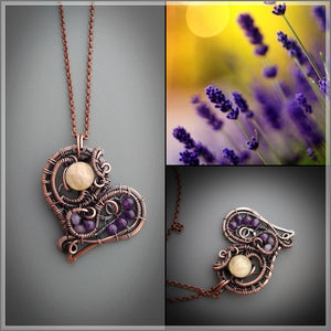 Copper heart necklace with natural citrine and amethyst gemstones